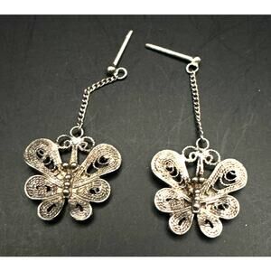 Vintage Filigree Sterling Silver Dangle Butterfly Pierced Earrings